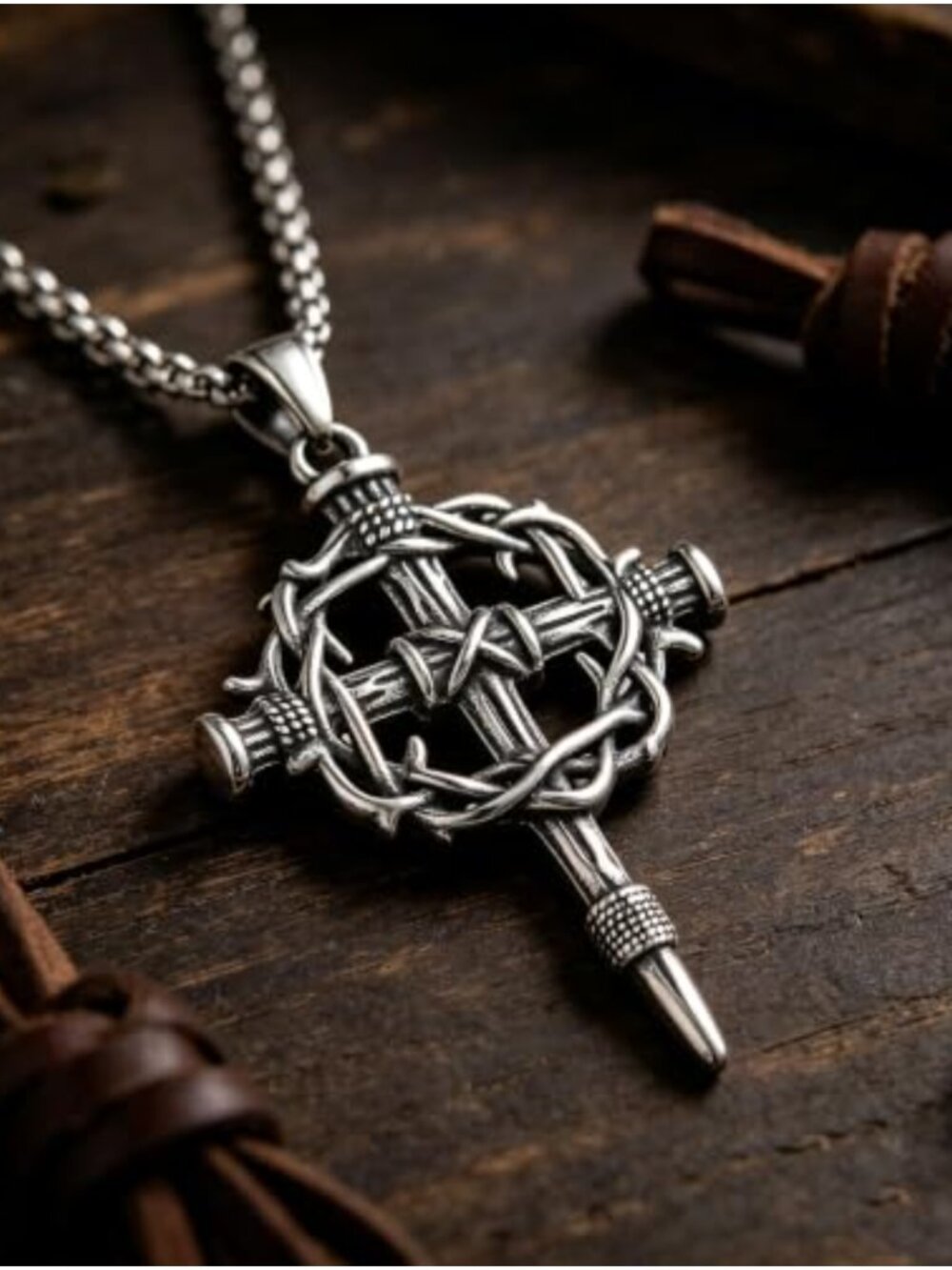 Stainless Steel Crown of Thorns Cross Necklace 22in Box Chain - Picture 3 of 5